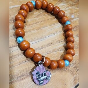 Wooden Bead Bracelet with Puter Frog On A Lillypad Charm